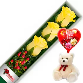 CAJA 3 ROSAS AMARILLAS MÁS PELUCHE Y GLOBO DÍA DE LAS MADRES