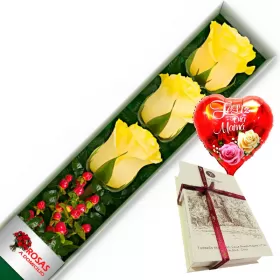 CAJA 3 ROSAS AMARILLAS MÁS CHOCOLATE Y GLOBO DÍA DE LAS MADRES