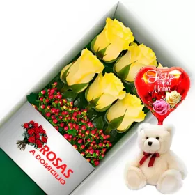 CAJA 6 ROSAS AMARILLAS MÁS PELUCHE Y GLOBO DÍA DE LAS MADRES