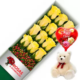 CAJA 12 ROSAS AMARILLAS MÁS PELUCHE Y GLOBO DÍA DE LAS MADRES