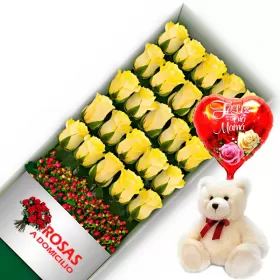 CAJA 24 ROSAS AMARILLAS MÁS PELUCHE Y GLOBO DÍA DE LAS MADRES