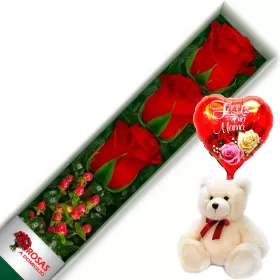 CAJA 3 ROSAS ROJAS MÁS PELUCHE Y GLOBO DÍA DE LAS MADRES