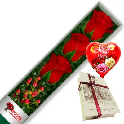 CAJA 3 ROSAS ROJAS MÁS CHOCOLATE Y GLOBO DÍA DE LAS MADRES