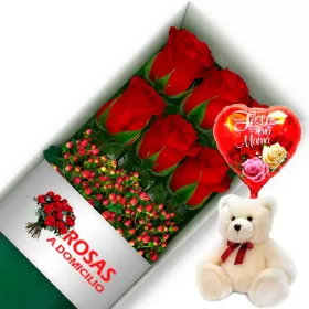 CAJA 6 ROSAS ROJAS MÁS PELUCHE Y GLOBO DÍA DE LAS MADRES