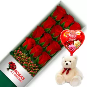 CAJA 12 ROSAS ROJAS MÁS PELUCHE Y GLOBO DÍA DE LAS MADRES
