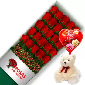 CAJA 24 ROSAS ROJAS MÁS PELUCHE Y GLOBO DÍA DE LAS MADRES