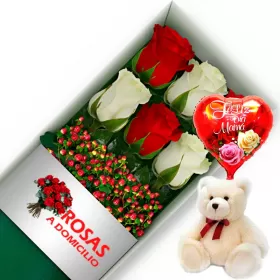 CAJA 6 ROSAS ROJAS Y BLANCAS MÁS PELUCHE Y GLOBO DÍA DE LAS MADRES