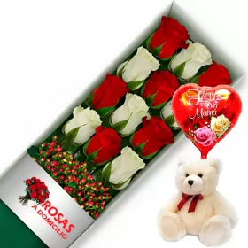 CAJA 12 ROSAS ROJAS Y BLANCAS MÁS PELUCHE Y GLOBO DÍA DE LAS MADRES
