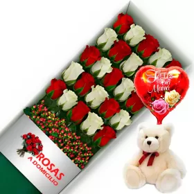 CAJA 24 ROSAS ROJAS Y BLANCAS MÁS PELUCHE Y GLOBO DÍA DE LAS MADRES