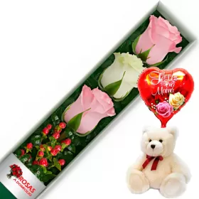 CAJA 3 ROSAS ROSADAS Y BLANCAS MÁS PELUCHE Y GLOBO DÍA DE LAS MADRES