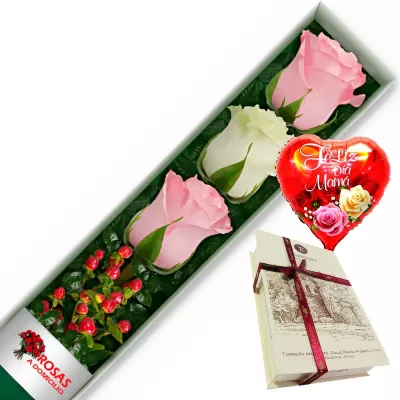 CAJA 3 ROSAS ROSADAS Y BLANCAS MÁS CHOCOLATE Y GLOBO DÍA DE LAS MADRES