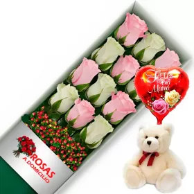 CAJA 12 ROSAS ROSADAS Y BLANCAS MÁS PELUCHE Y GLOBO DÍA DE LAS MADRES