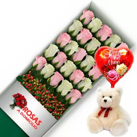 CAJA 24 ROSAS ROSADAS Y BLANCAS MÁS PELUCHE Y GLOBO DÍA DE LAS MADRES