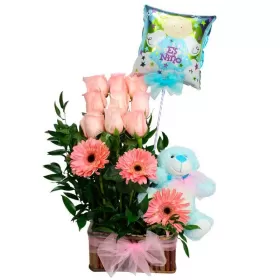 NACIMIENTO CANASTILLO 9 ROSAS CON GERBERAS Y GLOBO ES NIÑO