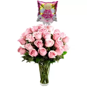 NACIMIENTO FLORERO CON 24 ROSAS ROSADAS Y GLOBO ES NIÑA