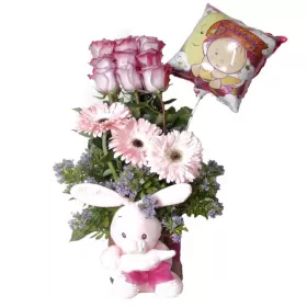 NACIMIENTO CANASTILLO EN TONOS ROSADOS CON 9 ROSAS MÁS PELUCHE Y GLOBO NIÑA