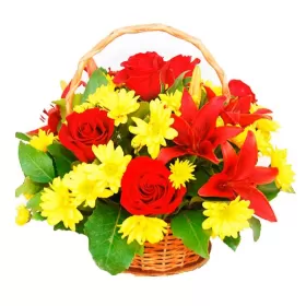 CANASTILLO DE FLORES CON ROSAS Y LILIUMS ROJOS