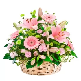 CANASTILLO DE FLORES TONOS ROSADOS LILIUMS GERBERAS
