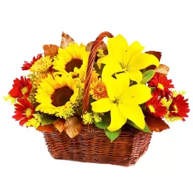 CANASTILLO DE FLORES MEDIANO CON GIRASOLES CANASTILLO DE FLORES MEDIANO CON GIRASOLES