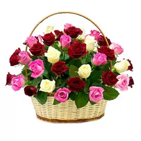 CANASTILLO REDONDO TRICOLOR CON 30 ROSAS BLANCAS ROSADAS Y ROJAS