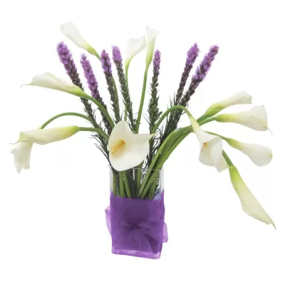 Florero con 10 Calas Blancas y Liatris