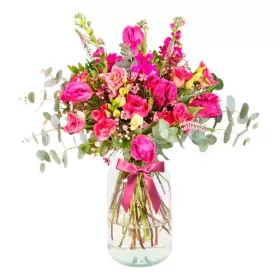 Florero Rústico con Flores mix Rosadas Eucalipto 6 rosas Astromelias Limonios y Flores Silvestres