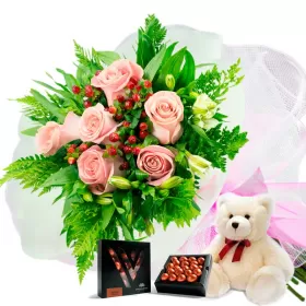 RAMO 6 ROSAS ROSADAS + PELUCHE Y CHOCOLATE VARSOVIENNE