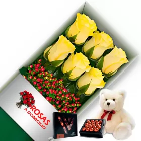 CAJA 6 ROSAS AMARILLAS + PELUCHE Y CHOCOLATE VARSOVIENNE