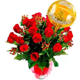 Florero de Rosas 24 Rosas Rojas con Globo
