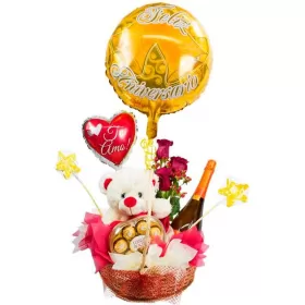 Cesta para Aniversario con florero de 3 rosas Champagne Peluche Chocolates Globos mediano y grande
