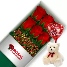 CAJA 6 ROSAS ROJAS + PELUCHE Y GLOBO
