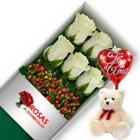 CAJA 6 ROSAS BLANCAS + PELUCHE Y GLOBO