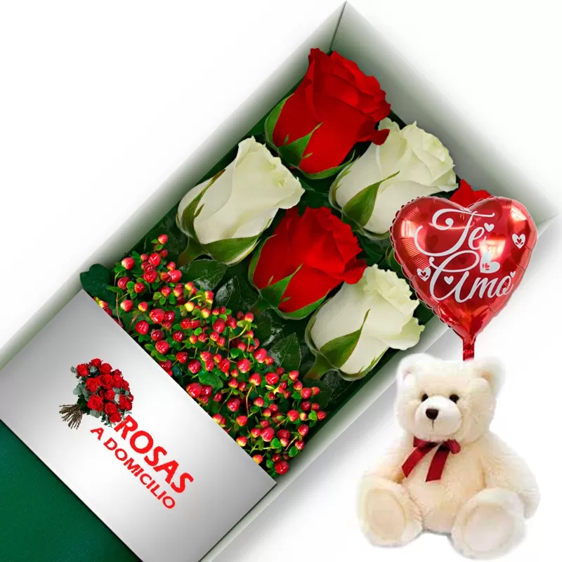 CAJA 6 ROSAS BLANCAS Y ROJAS + PELUCHE Y GLOBO