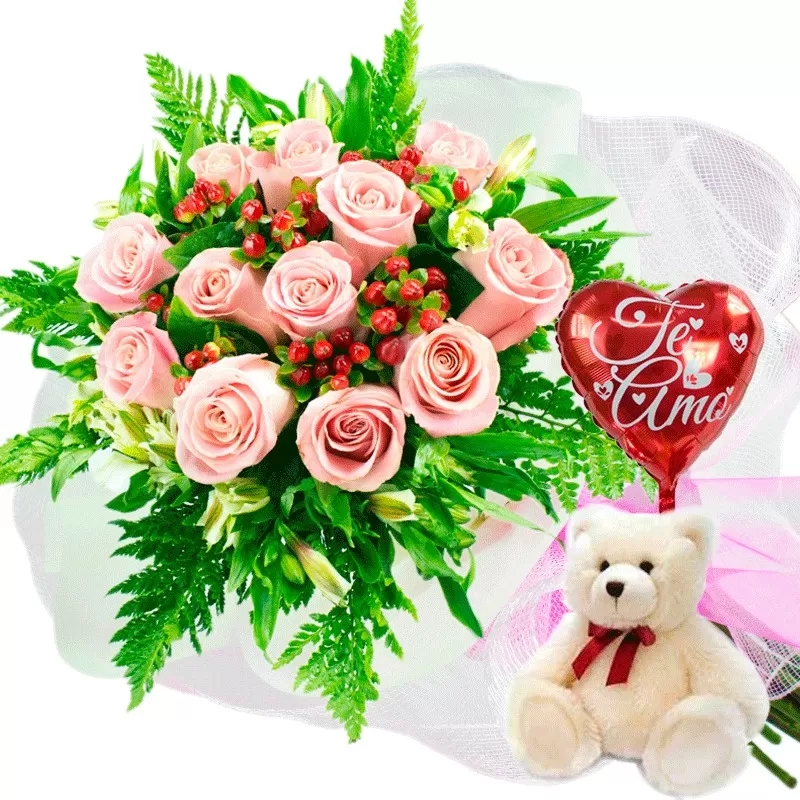 RAMO 12 ROSAS ROSADAS MAS GLOBO Y PELUCHE