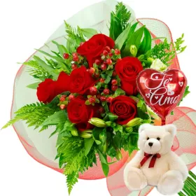 Ramo de 6 Rosas Rojas con Globo y Peluche