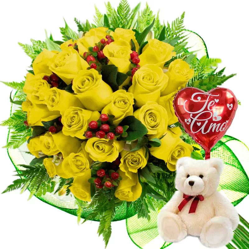 RAMO DE 24 ROSAS AMARILLAS + PELUCHE Y GLOBO