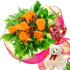 RAMO DE 6 ROSAS DAMASCO + PELUCHE Y GLOBO