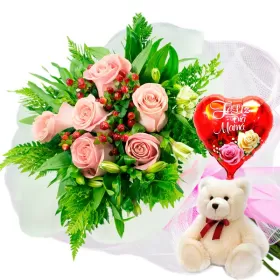 RAMO 6 ROSAS ROSADAS MÁS PELUCHE Y GLOBO DÍA DE LAS MADES