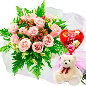 RAMO 12 ROSAS ROSADAS MÁS PELUCHE Y GLOBO DÍA DE LAS MADRES