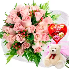 RAMO 24 ROSAS ROSADAS MÁS PELUCHE Y GLOBO DÍA DE LAS MADRES