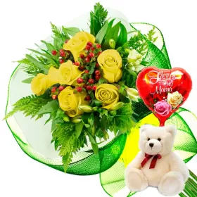 RAMO 6 ROSAS AMARILLAS MÁS PELUCHE Y GLOBO DÍA DE LAS MADES