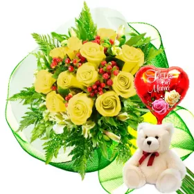 RAMO 12 ROSAS AMARILLAS MÁS PELUCHE Y GLOBO DÍA DE LAS MADRES
