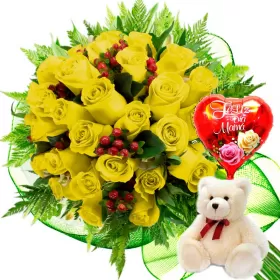 RAMO 24 ROSAS AMARILLAS MÁS PELUCHE Y GLOBO DÍA DE LAS MADRES