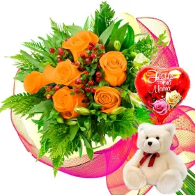 RAMO 6 ROSAS DAMASCO MÁS PELUCHE Y GLOBO DÍA DE LAS MADES