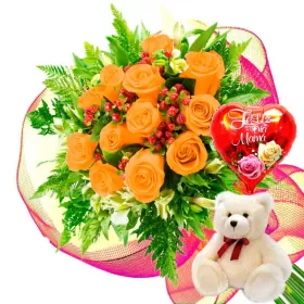 RAMO 12 ROSAS DAMASCO MÁS PELUCHE Y GLOBO DÍA DE LAS MADRES