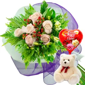 RAMO 6 ROSAS BLANCAS MÁS PELUCHE Y GLOBO DÍA DE LAS MADES
