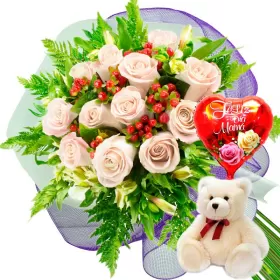 RAMO 12 ROSAS BLANCAS MÁS PELUCHE Y GLOBO DÍA DE LAS MADRES