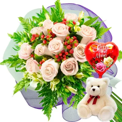 RAMO 12 ROSAS BLANCAS MÁS PELUCHE Y GLOBO DÍA DE LAS MADRES