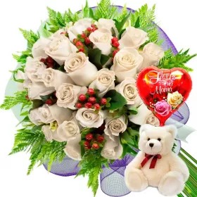 RAMO 24 ROSAS BLANCAS MÁS PELUCHE Y GLOBO DÍA DE LAS MADRES