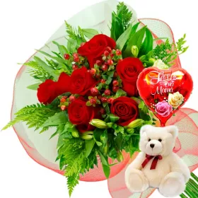 RAMO 6 ROSAS ROJAS MÁS PELUCHE Y GLOBO DÍA DE LAS MADES